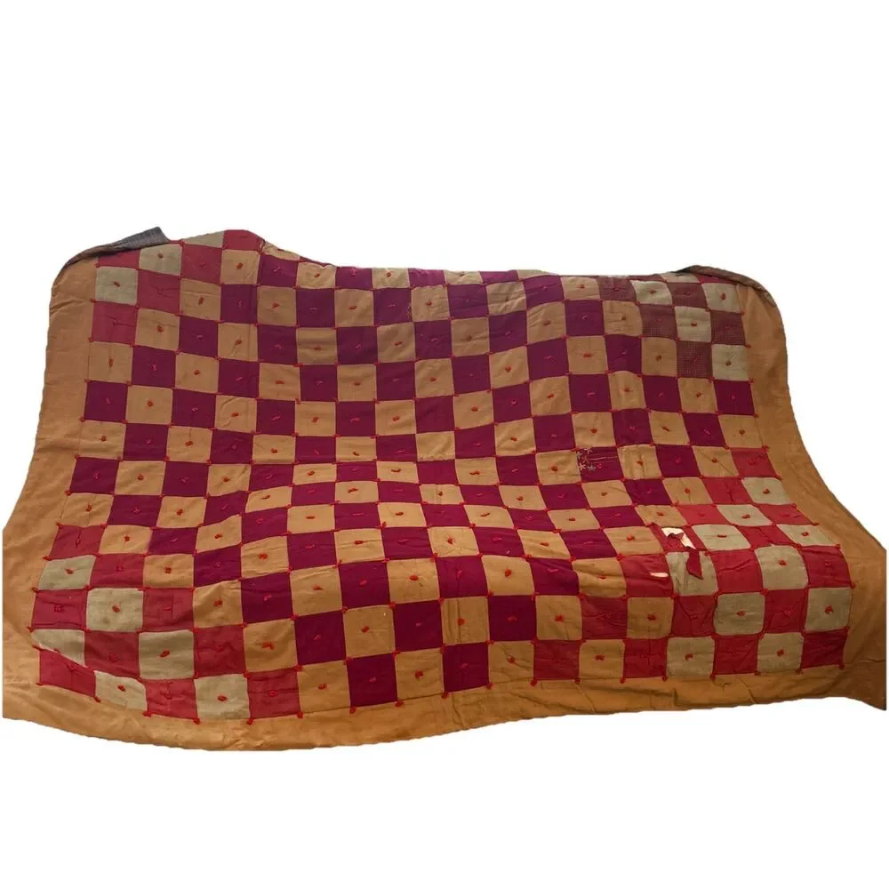 Antique vintage homemade checkerboard Tied quilt patchwork red mustard folk‎ art
